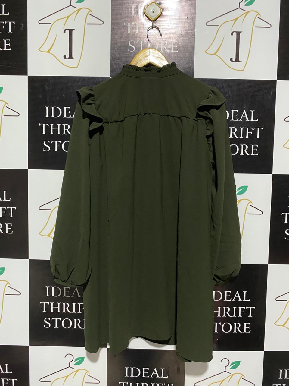 ZARA |M| BUST 22| B3| OLIVE GREEN RUFFLED BUTTON-DOWN MINI SHIRT DRESS WITH LANTERN SLEEVES