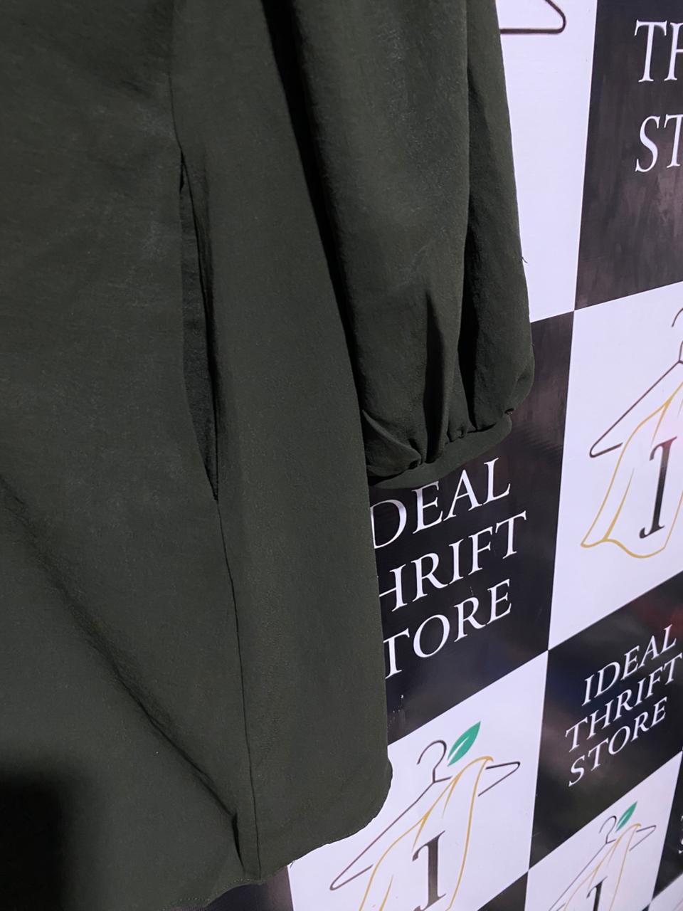 ZARA |M| BUST 22| B3| OLIVE GREEN RUFFLED BUTTON-DOWN MINI SHIRT DRESS WITH LANTERN SLEEVES