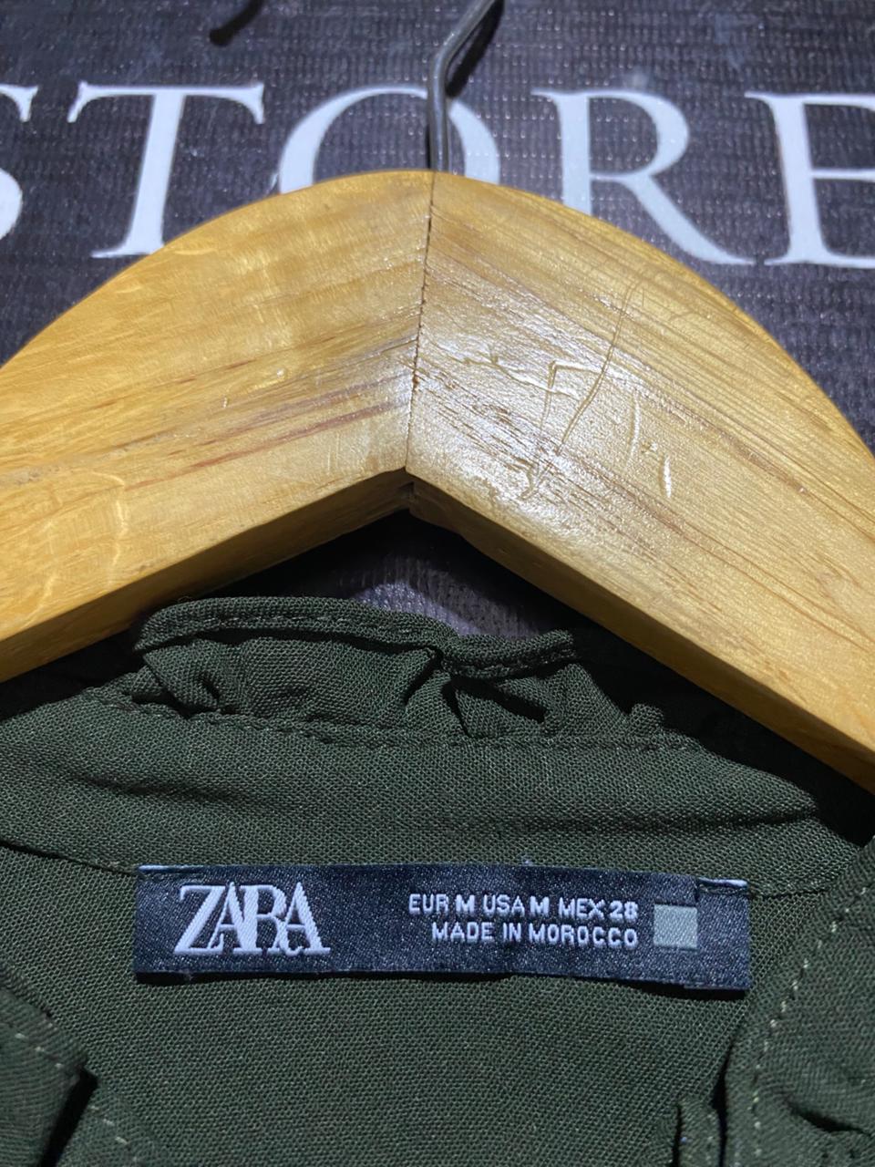 ZARA |M| BUST 22| B3| OLIVE GREEN RUFFLED BUTTON-DOWN MINI SHIRT DRESS WITH LANTERN SLEEVES
