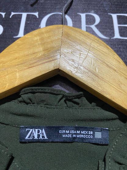 ZARA |M| BUST 22| B3| OLIVE GREEN RUFFLED BUTTON-DOWN MINI SHIRT DRESS WITH LANTERN SLEEVES