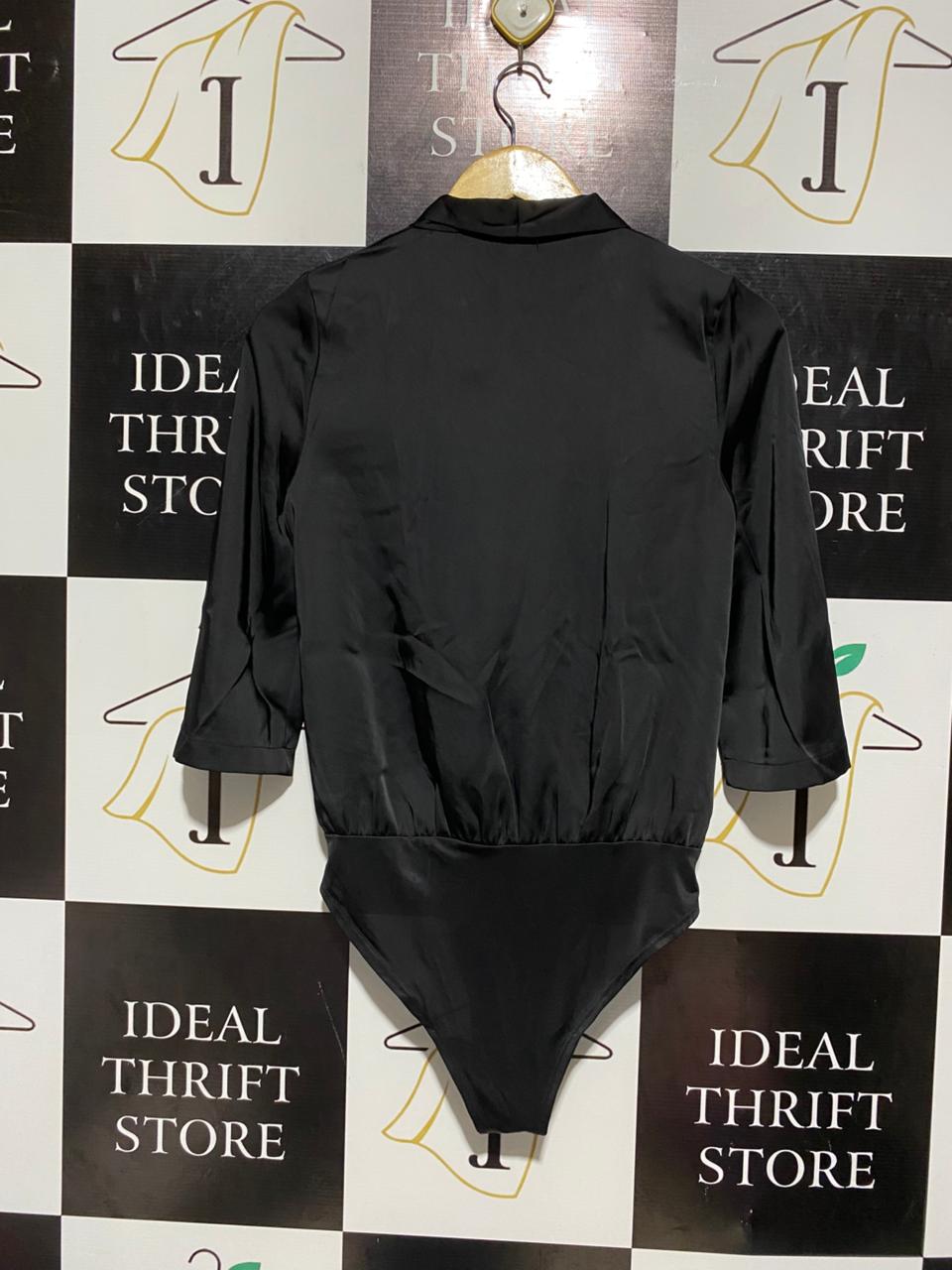 RIVER ISLAND |M| BUST 17| B3| BLACK SATIN WRAP FRONT BODYSUIT WITH 3/4 SLEEVES