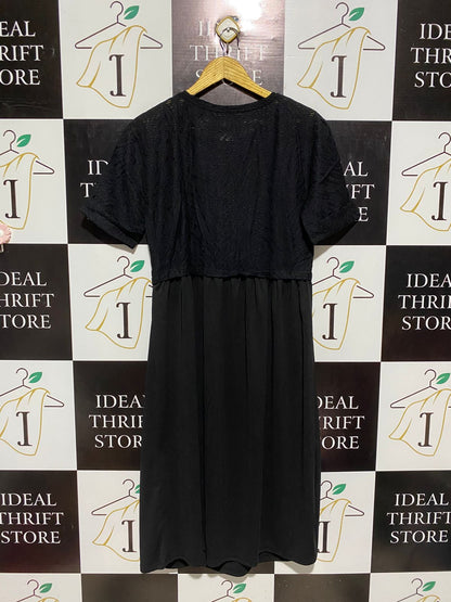 ZARA |M| BUST 17| B3| BLACK MIXED-MEDIA SHORT SLEEVE MIDI DRESS WITH TEXTURED BODICE