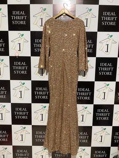 MISS ORD |S| BUST 16| B3| LUXURY ROSE GOLD SEQUIN MERMAID MAXI GOWN WITH BELL SLEEVES AND V-NECKLINE