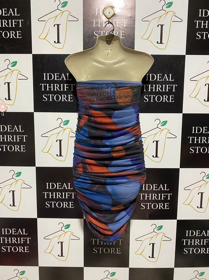 ZARA |S| BUST 11| B3| VIBRANT ABSTRACT PRINT STRAPLESS RUCHED MESH BODYCON MIDI DRESS