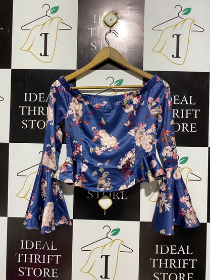 Women's Satin Floral Print Off-the-Shoulder Bell-Sleeve Top |M| BUST 15| B3|