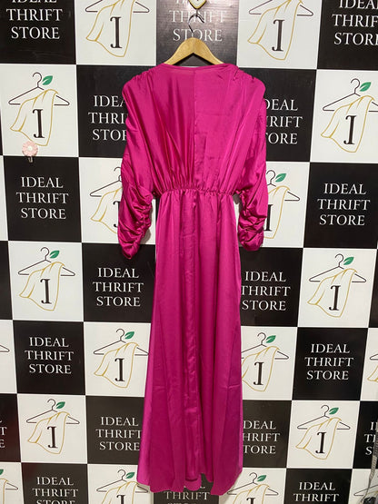Women's Fuchsia Pink Satin V-Neck Ruched Sleeve Maxi Dress |M| BUST FREE| B3|