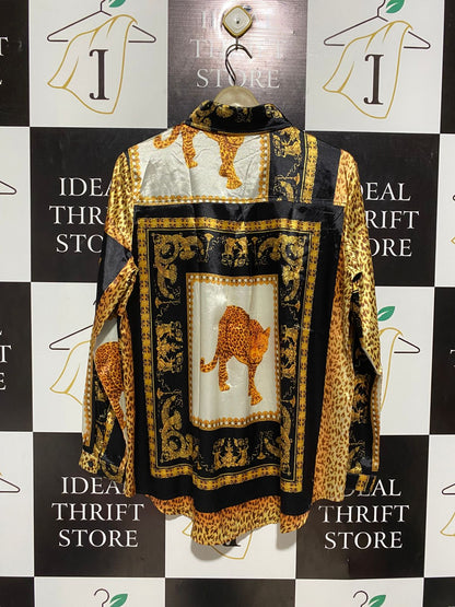 PRETTYLITTLE THING |S/M| BUST 21| B3| Women's Satin Patchwork Leopard & Baroque Print Button-Down Shirt