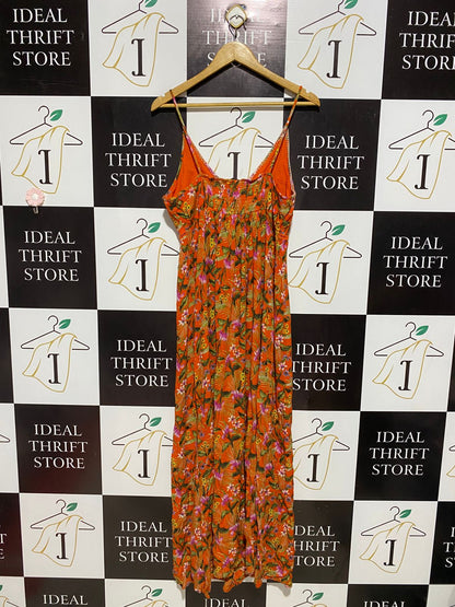 F&F |M| BUST 18| B3| Women’s Orange Tropical Floral Print V-Neck Maxi Dress