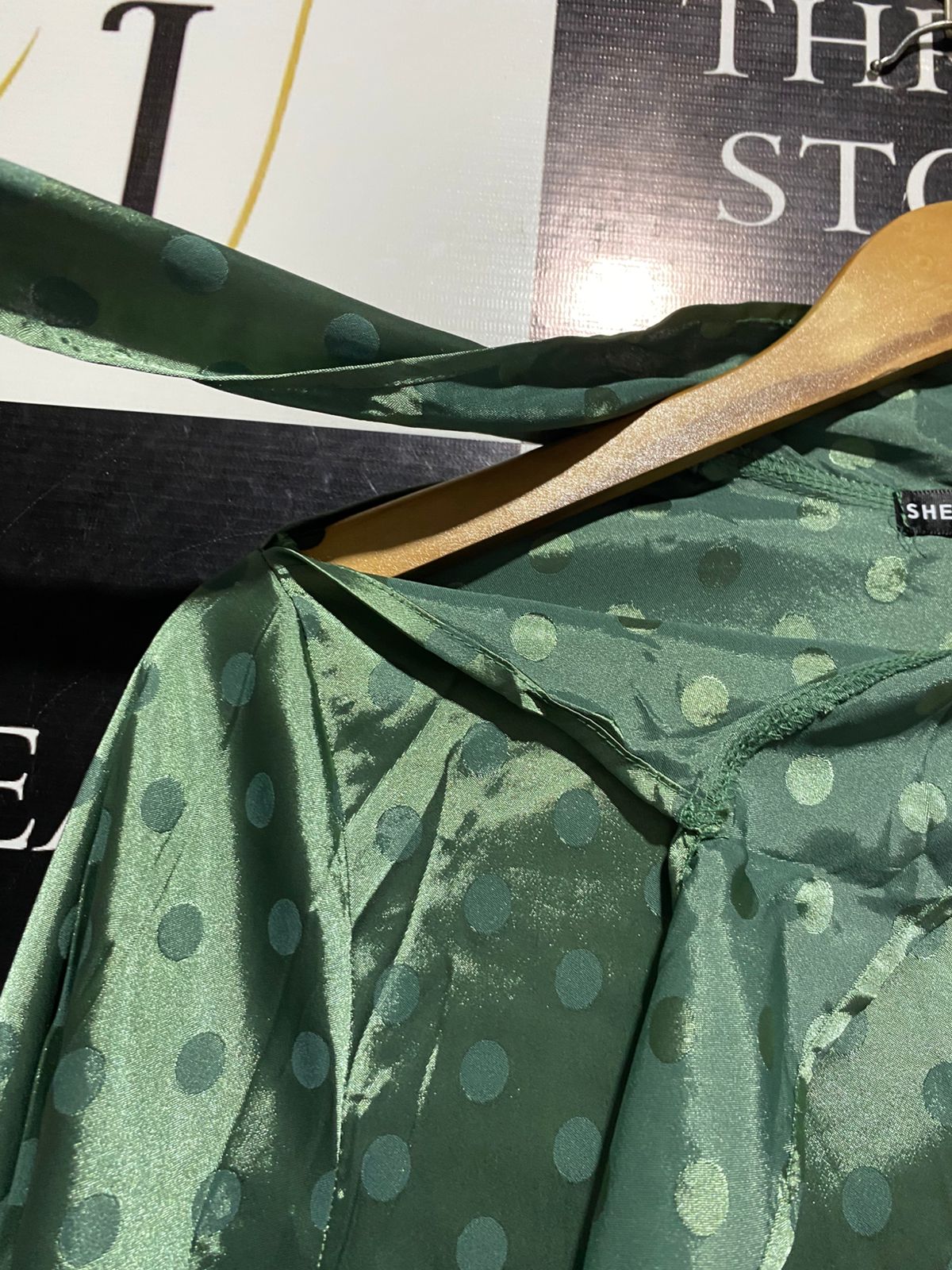 SHEIN |L| BUST 22| B2| Women's Sage Green Satin Polka Dot Tie-Neck Midi Dress