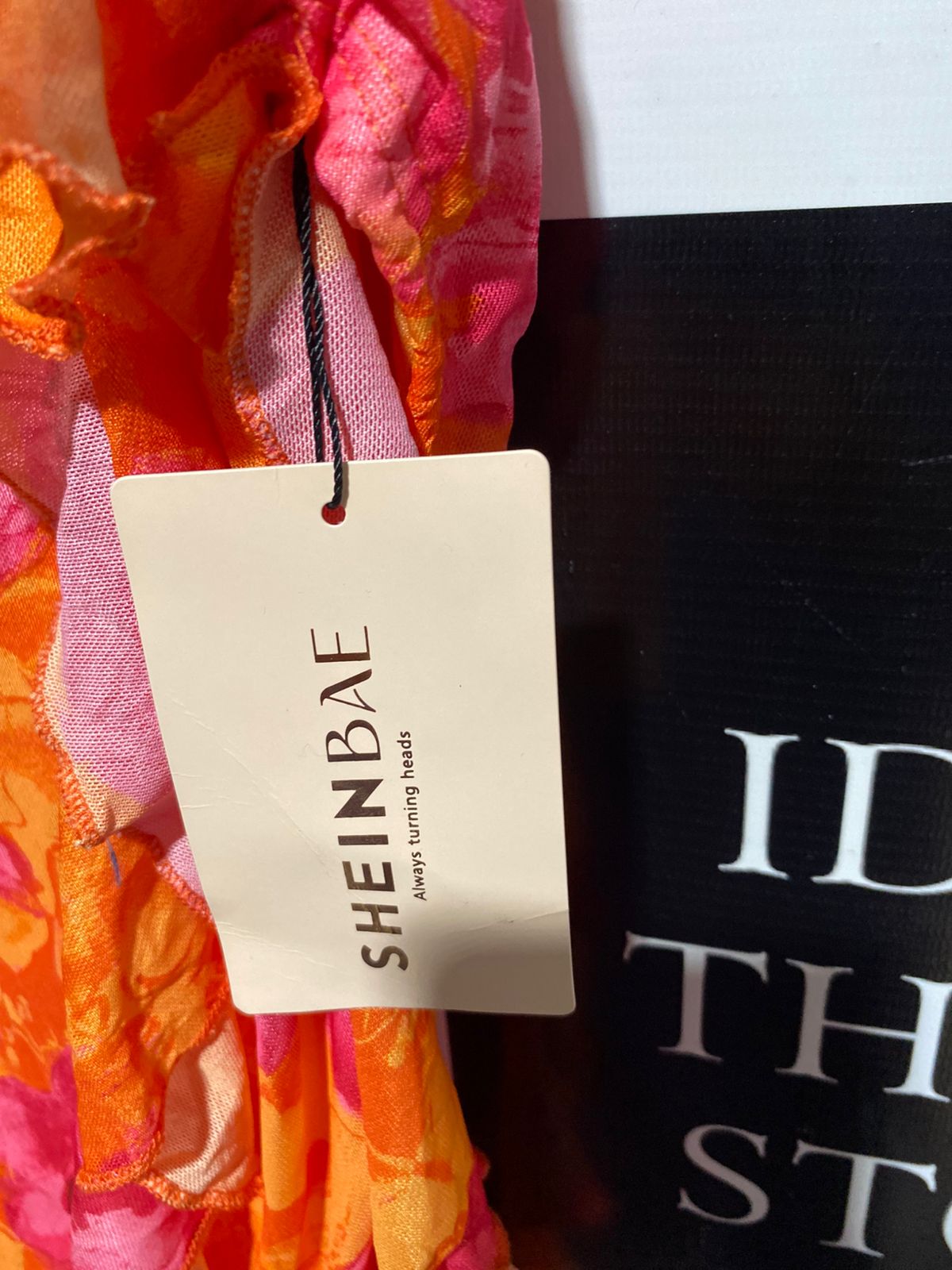 SHEIN |M| BUST 14| B2| VIBRANT TROPICAL FLORAL RUFFLE MAXI DRESS | PINK & ORANGE STRAIPLESS GOWN