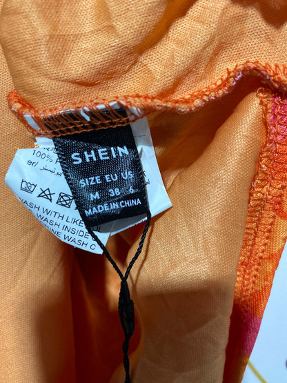 SHEIN |M| BUST 14| B2| VIBRANT TROPICAL FLORAL RUFFLE MAXI DRESS | PINK & ORANGE STRAIPLESS GOWN