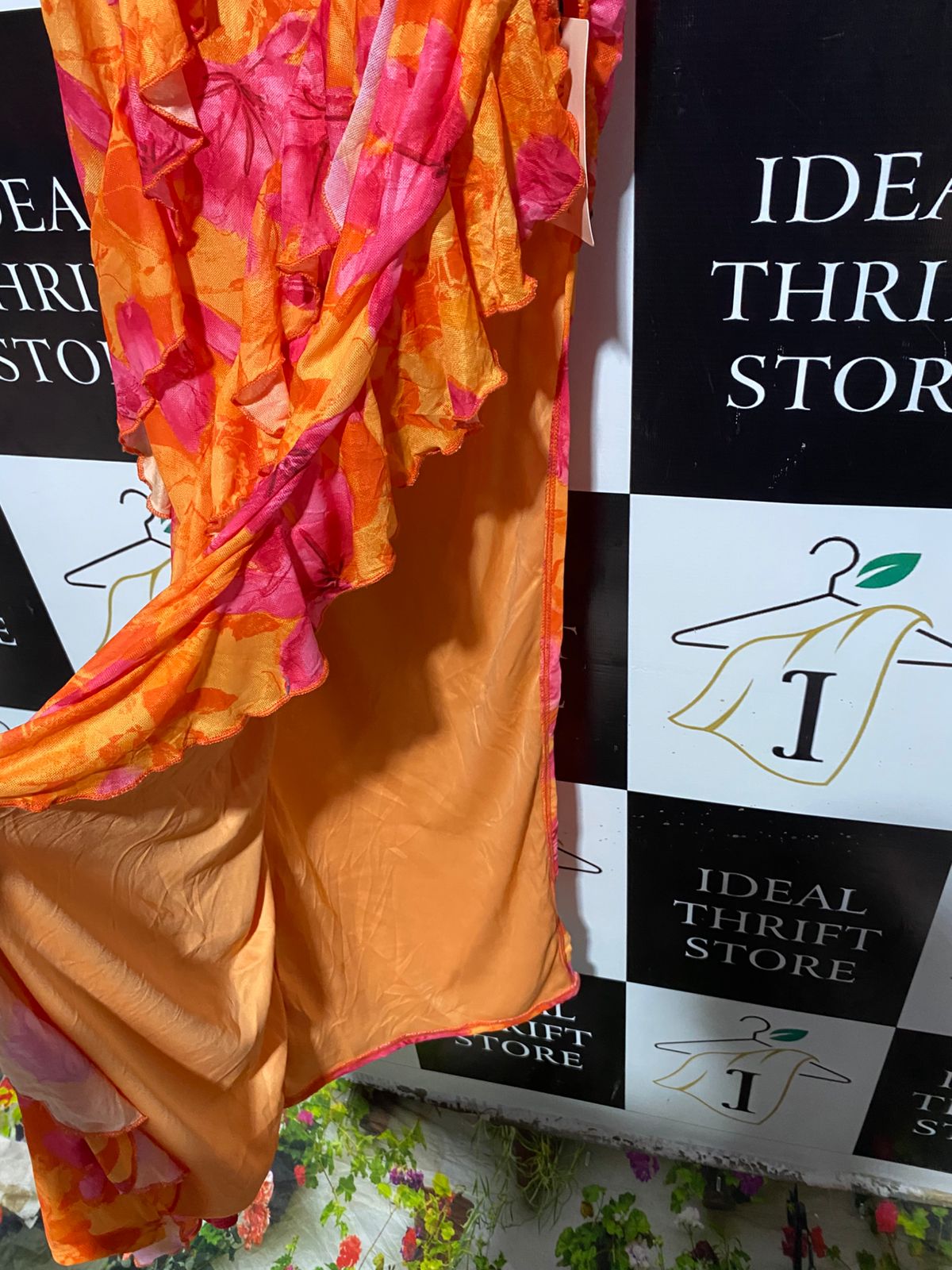 SHEIN |M| BUST 14| B2| VIBRANT TROPICAL FLORAL RUFFLE MAXI DRESS | PINK & ORANGE STRAIPLESS GOWN