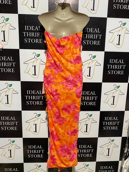 SHEIN |M| BUST 14| B2| VIBRANT TROPICAL FLORAL RUFFLE MAXI DRESS | PINK & ORANGE STRAIPLESS GOWN