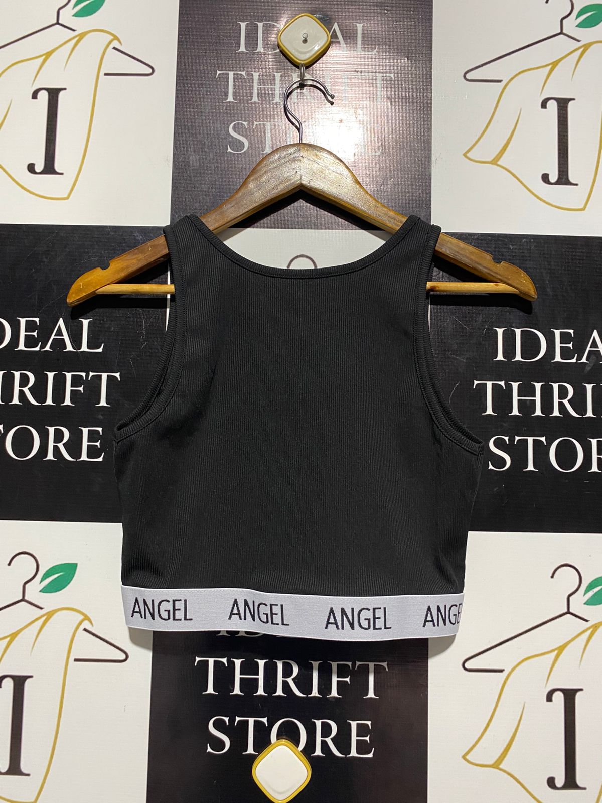 SHEIN |M| BUST 16| B2| BLACK RIBBED "ANGEL" LOGO CROP TOP