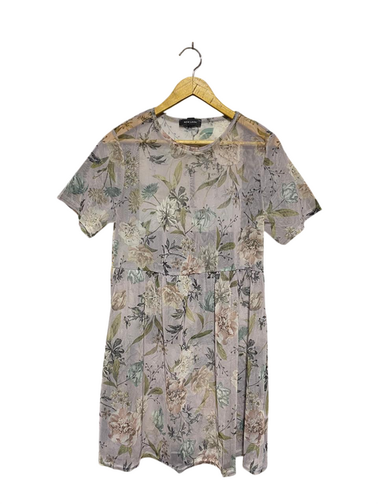 NEW LOOK |L| BUST 18| B2| SHEER MESH FLORAL MINI DRESS | LAVENDER BOHO COTTAGECORE TUNIC
