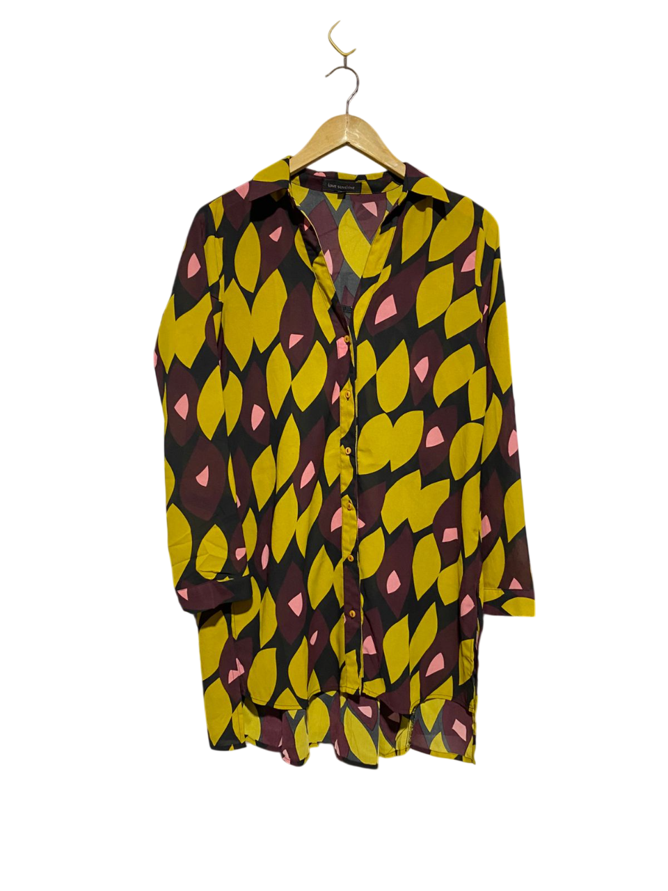 LOVE SUNSHINE |M| BUST 20| B3| VIBRANT ABSTRACT LEAF PRINT BUTTON-DOWN TUNIC BLOUSE