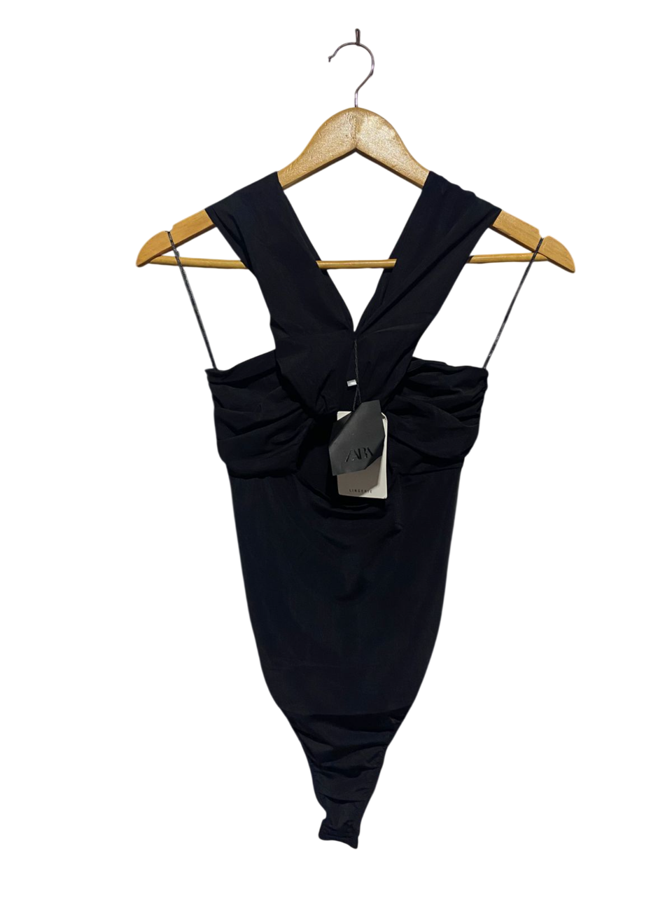 ZARA |S| BUST 12| B3| BLACK RUCHED HALTER-STYLE BODYSUIT