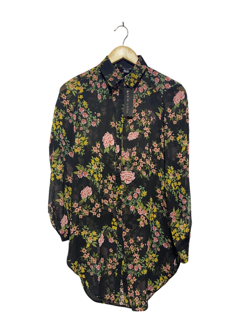 NEW LOOK |M| BUST 19| B3| BLACK SHEER FLORAL BUTTON-DOWN BLOUSE