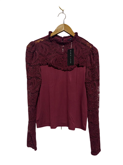 NEW LOOK |M| BUST 17| B3| BURGUNDY LACE-SLEEVE MOCK NECK TOP