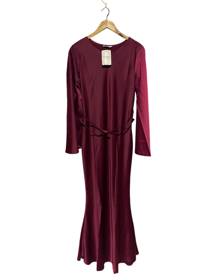 MAIA HEMERA |L| BUST 18| B3| ELEGANT MAROON SATIN MAXI DRESS WITH WAIST TIE