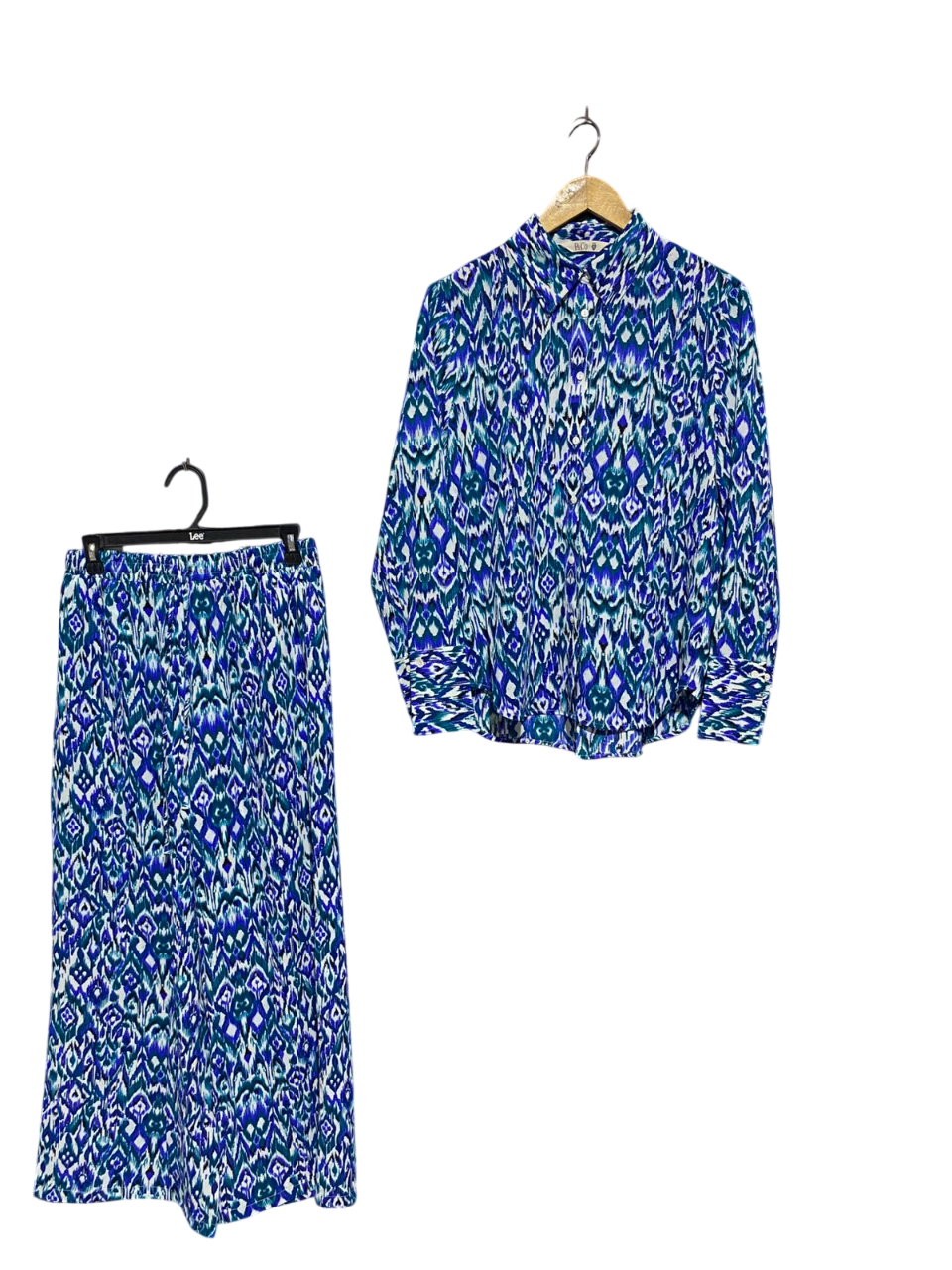 P & C0 |L| B3| Vintage-Inspired Blue & Teal Ikat Print Matching Two-Piece Set