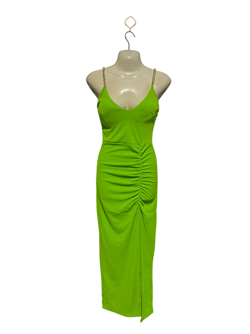 NEW COLLECTION |M| BUST 18| B3| VIBRANT LIME GREEN CHAIN-STRAP RUCHED MIDI DRESS