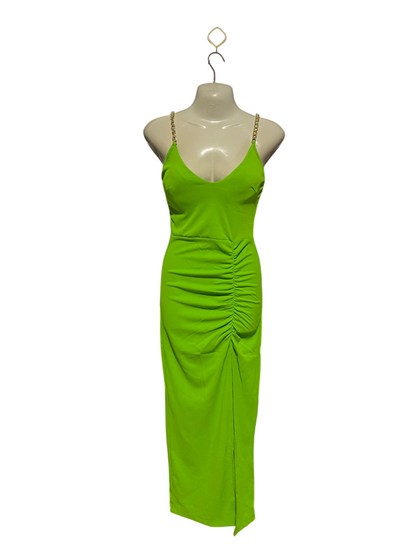 NEW COLLECTION |M| BUST 18| B3| VIBRANT LIME GREEN CHAIN-STRAP RUCHED MIDI DRESS