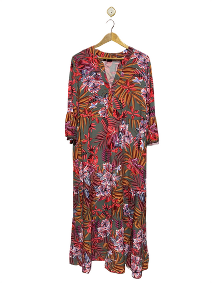 BODY FLIRT |L| BUST 22| B3| VIBRANT TROPICAL BOTANICAL PRINT TIERED MIDI DRESS RUFFLE SLEEVE