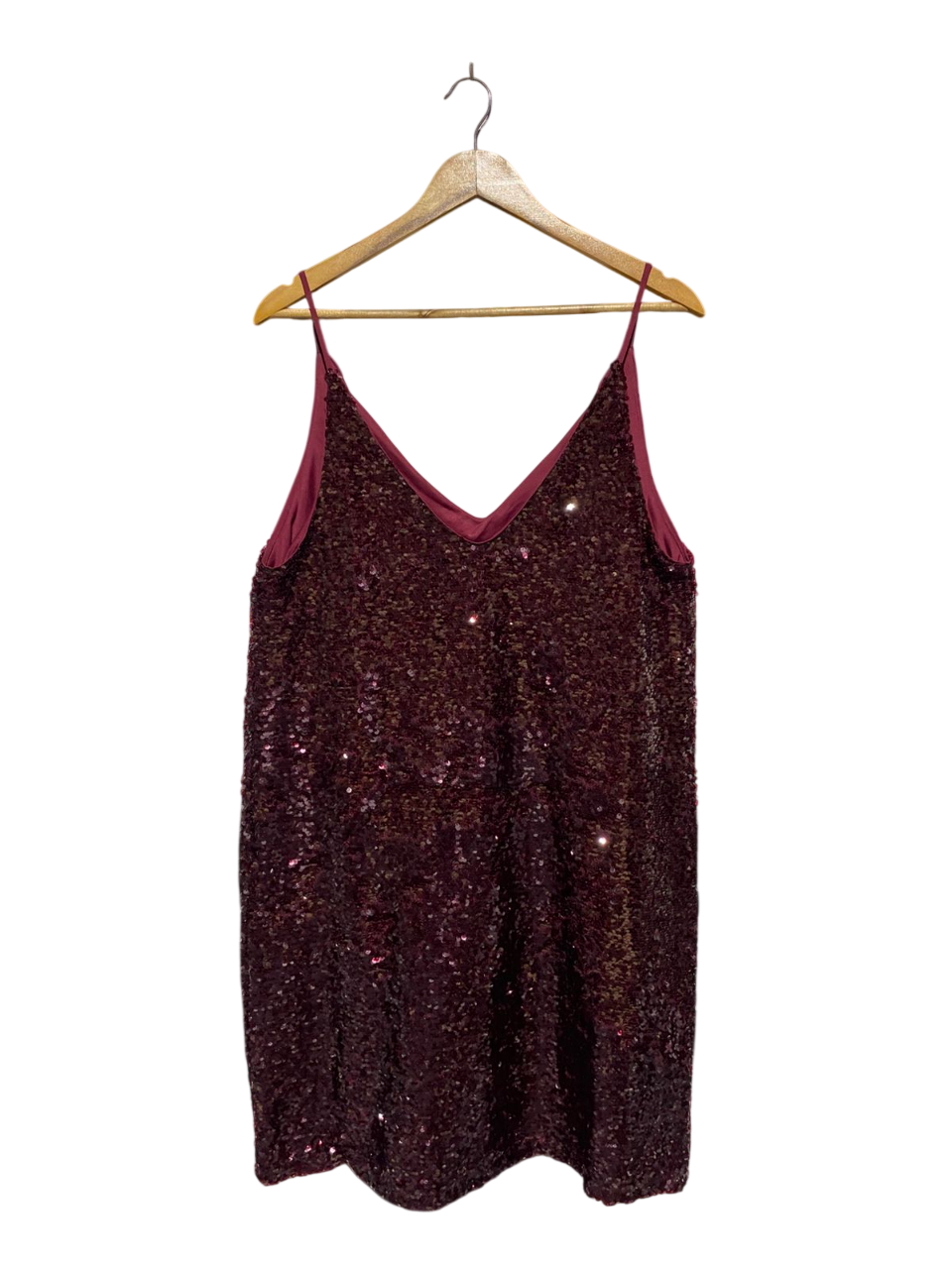 GLAMOROUS BURGUNDY SEQUIN MINI DRESS SPAGHETTI STRAP PARTY WEAR |L| BUST 20| B3|