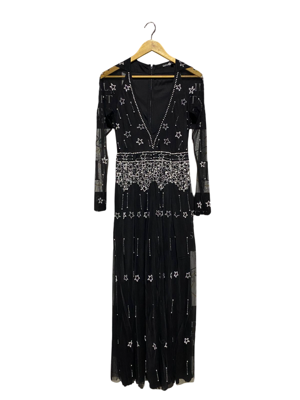 BOOHOO |M| BUST 15| B3| STUNNING BLACK MESH MAXI DRESS WITH STAR EMBELLISHMENTS