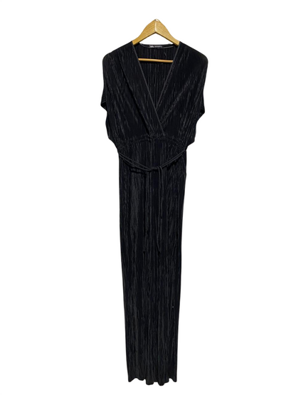 ZARA |M| BUST FREE| B3| ELEGANT BLACK PLEATED MAXI DRESS JUMP SUIT - V-NECK WITH TIE WAIST