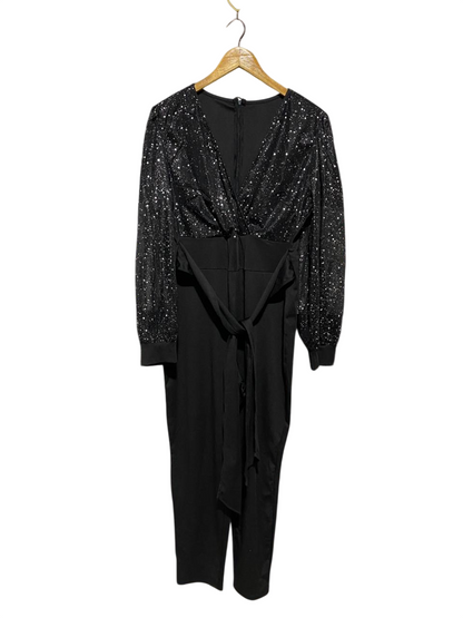 GLAMOROUS BLACK SEQUIN LONG SLEEVE JUMPSUIT WITH WAIST TIE |L| BUST 18| B3|