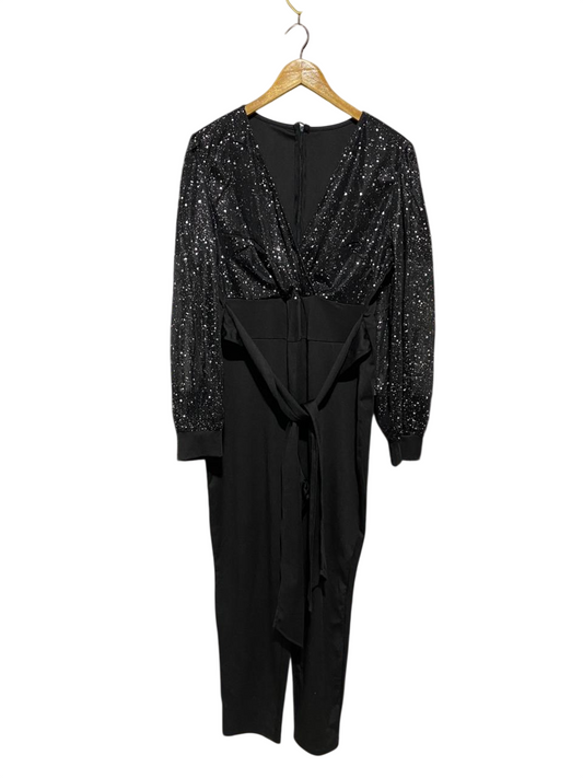 GLAMOROUS BLACK SEQUIN LONG SLEEVE JUMPSUIT WITH WAIST TIE |L| BUST 18| B3|
