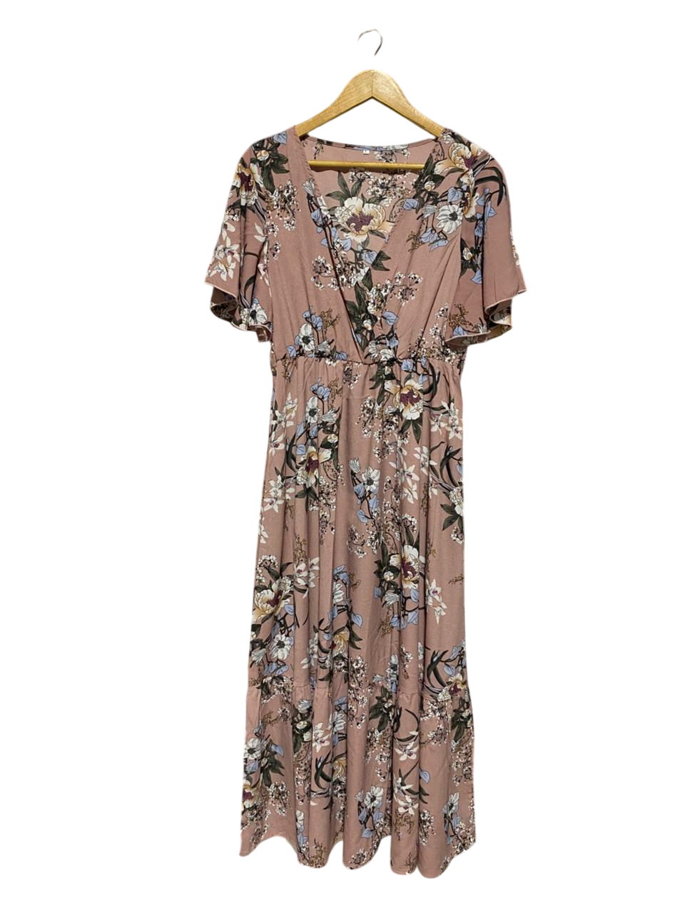 DUSTY ROSE FLORAL V-NECK MAXI DRESS WITH FLUTTER SLEEVES |L| BUST 19| B3|