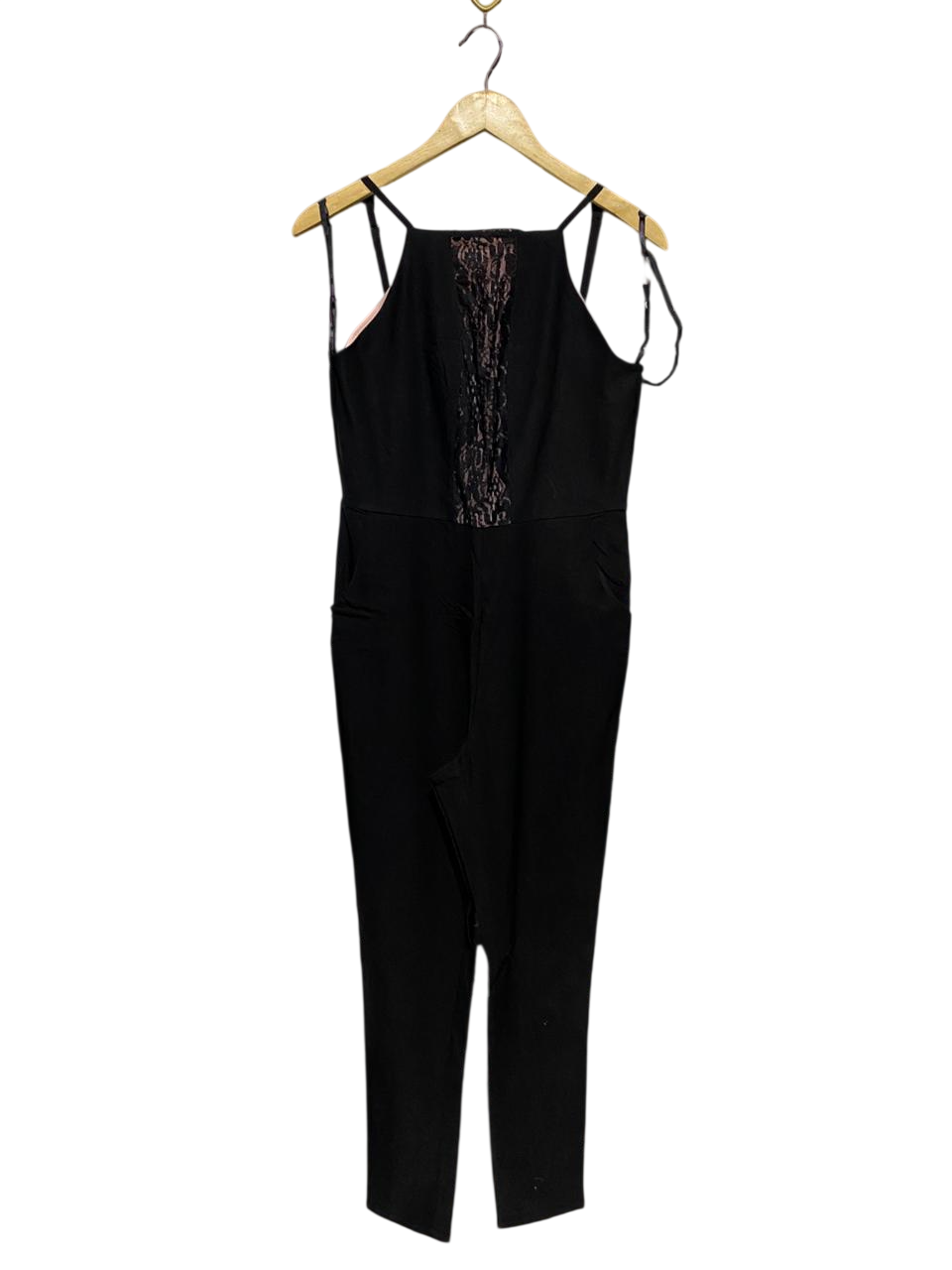 MATERIAL |L| BUST 16| B3| ELEGANT BLACK SLEEVELESS JUMPSUIT WITH LACE PANEL DETAIL