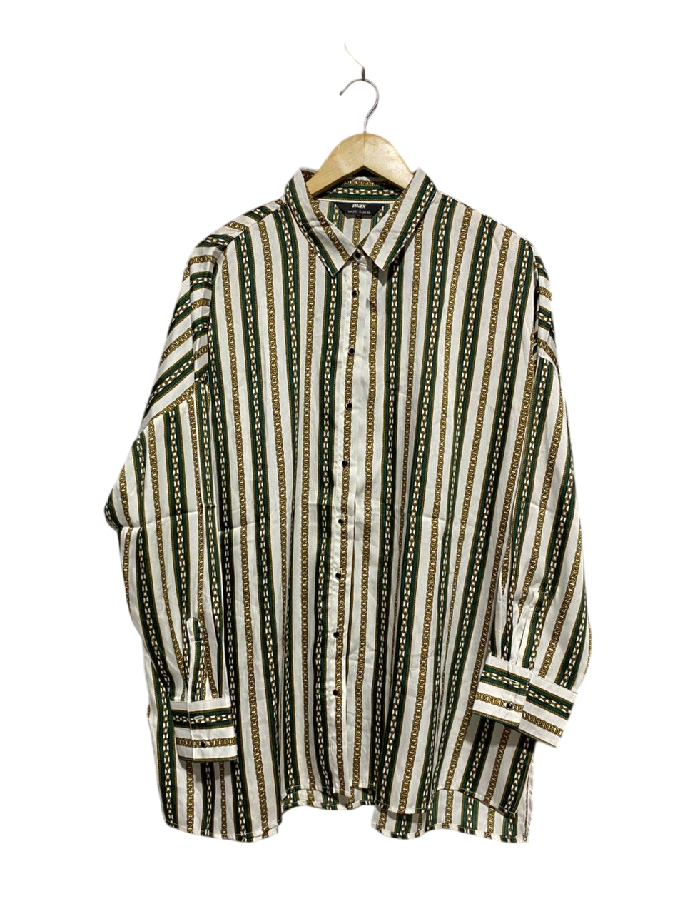 MAX |XL| BUST 27| B3| GREEN AND GOLD VERTICAL CHAIN LINK PRINT BUTTON-DOWN SHIRT