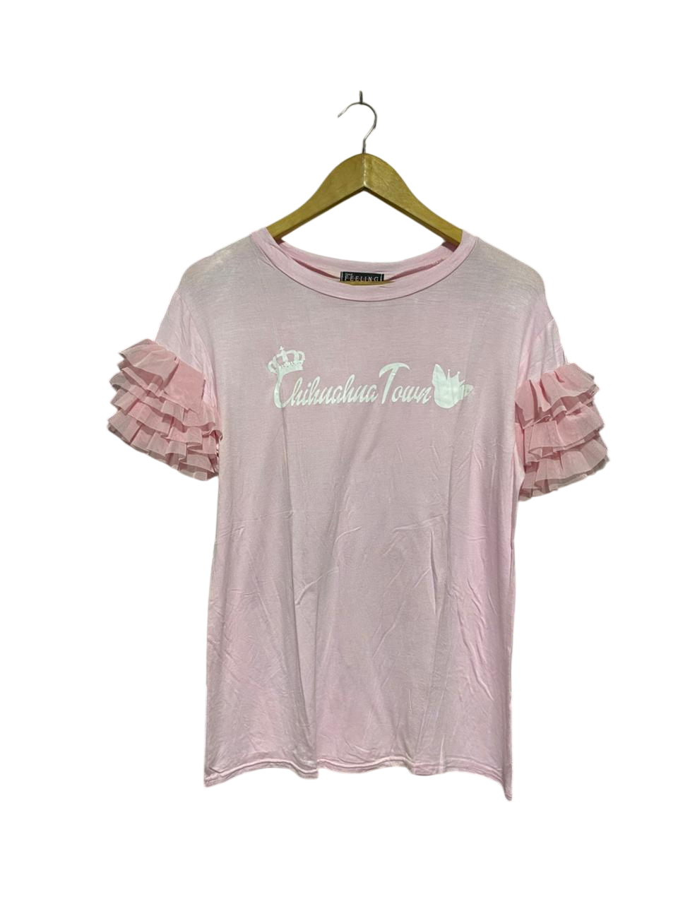 FEELING |L| BUST 20| B3| BABY PINK RUFFLE TIERED SLEEVE GRAPHIC T-SHIRT