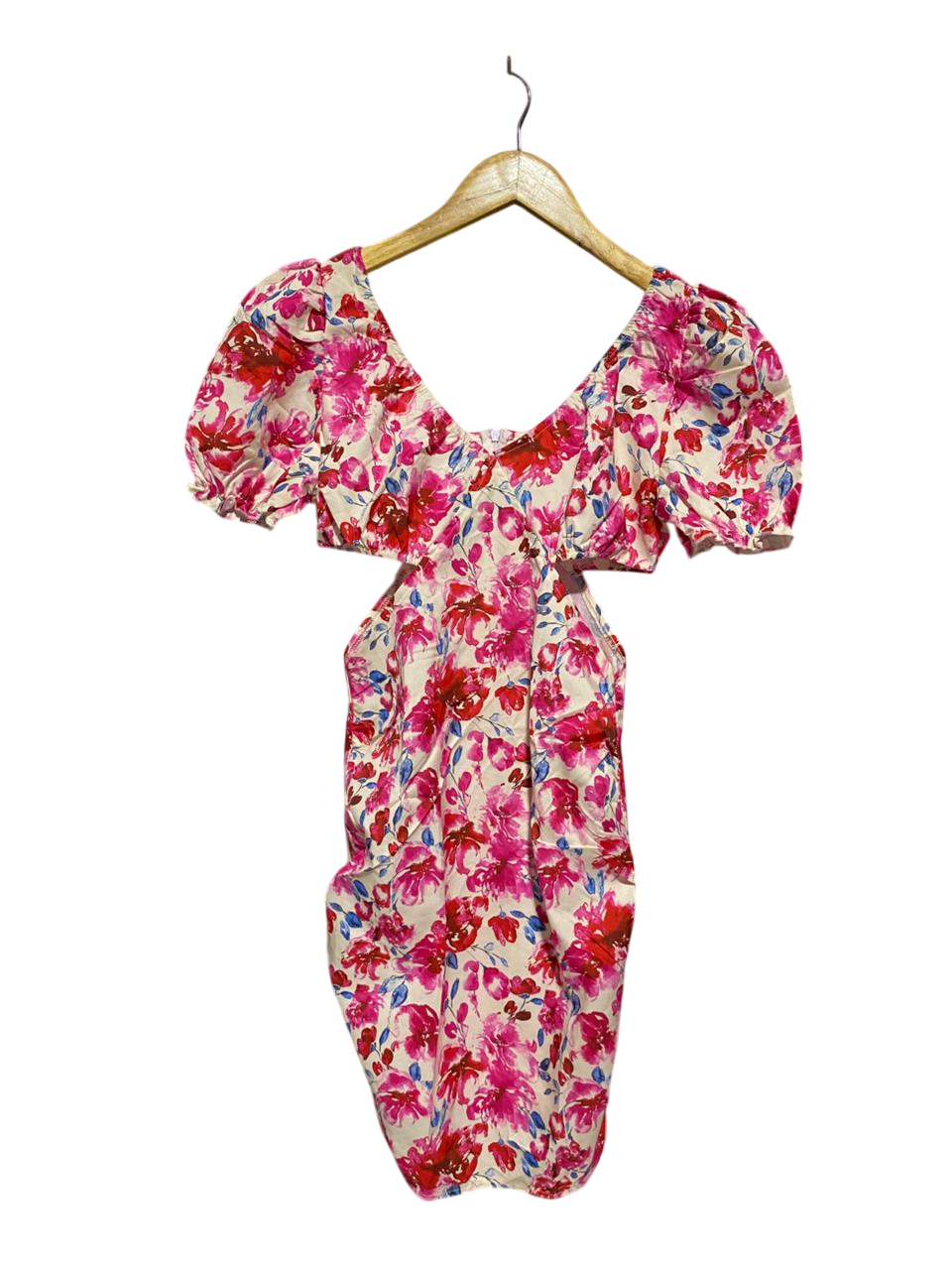 SHEIN |S| BUST 14| B3| VIBRANT PINK FLORAL PUFF SLEEVE MINI DRESS WITH SIDE CUTOUTS