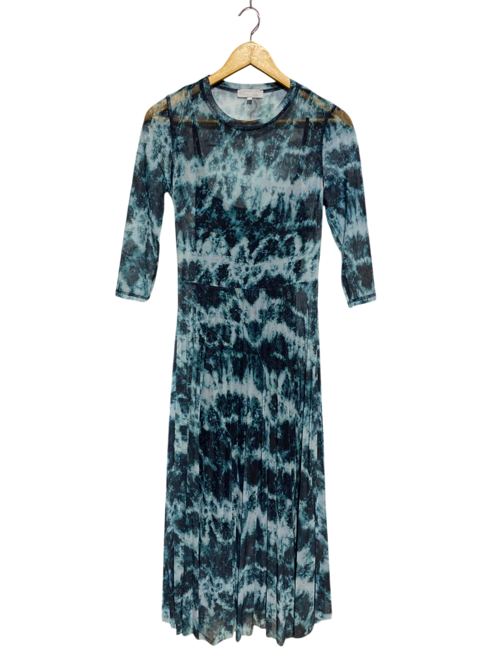 REDHER RING |S| BUST 14|B3| DARK TEAL AND WHITE TIE-DYE MESH MIDI DRESS