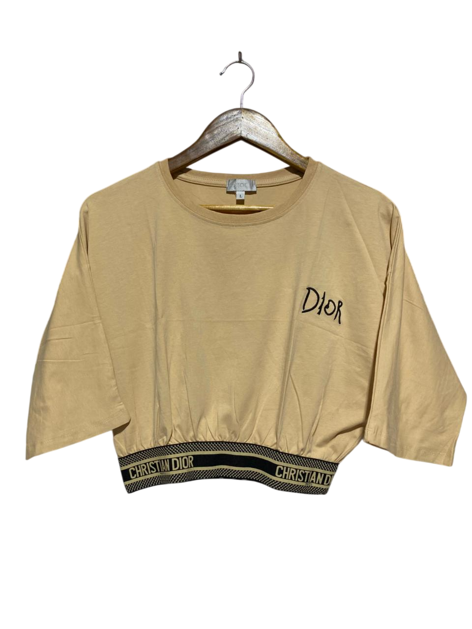 DIOP |L| BUST FREE |B3| CHRISTIAN DIOR LOGO ELASTIC HEM CROP TOP - BEIGE / TAN