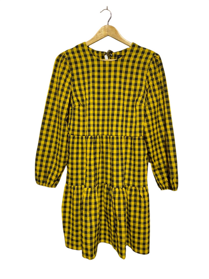 NEW LOOK |M| BUST 18| B3| MUSTARD YELLOW AND BLACK GINGHAM CHECK TIRED MINI DRESS