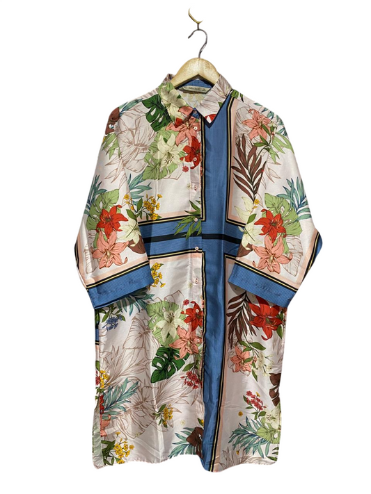 ZARA BASIC |M| BUST 23| B2| BASIC TROPICAL FLORAL PRINT LONG BUTTON-DOWN SHIRT DRESS WITH BORDER DETAIL