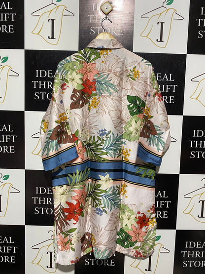 ZARA BASIC |M| BUST 23| B2| BASIC TROPICAL FLORAL PRINT LONG BUTTON-DOWN SHIRT DRESS WITH BORDER DETAIL