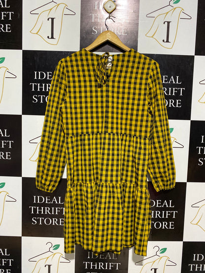 NEW LOOK |M| BUST 18| B3| MUSTARD YELLOW AND BLACK GINGHAM CHECK TIRED MINI DRESS