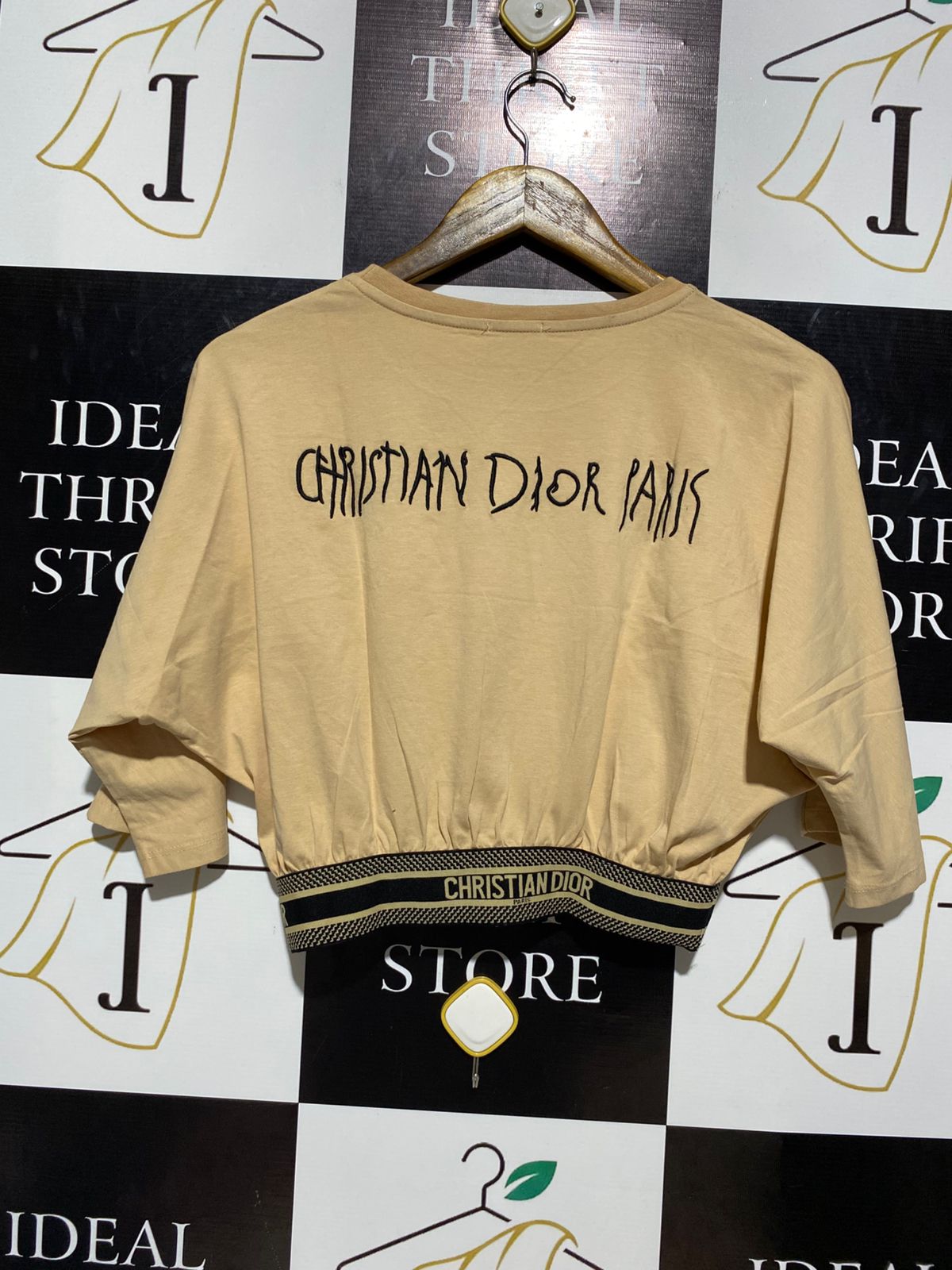 DIOP |L| BUST FREE |B3| CHRISTIAN DIOR LOGO ELASTIC HEM CROP TOP - BEIGE / TAN