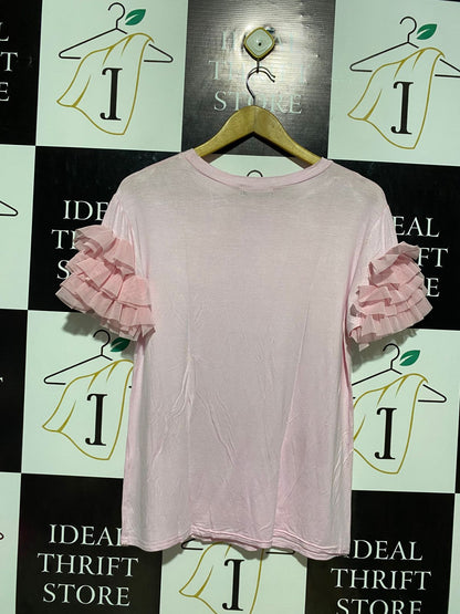 FEELING |L| BUST 20| B3| BABY PINK RUFFLE TIERED SLEEVE GRAPHIC T-SHIRT