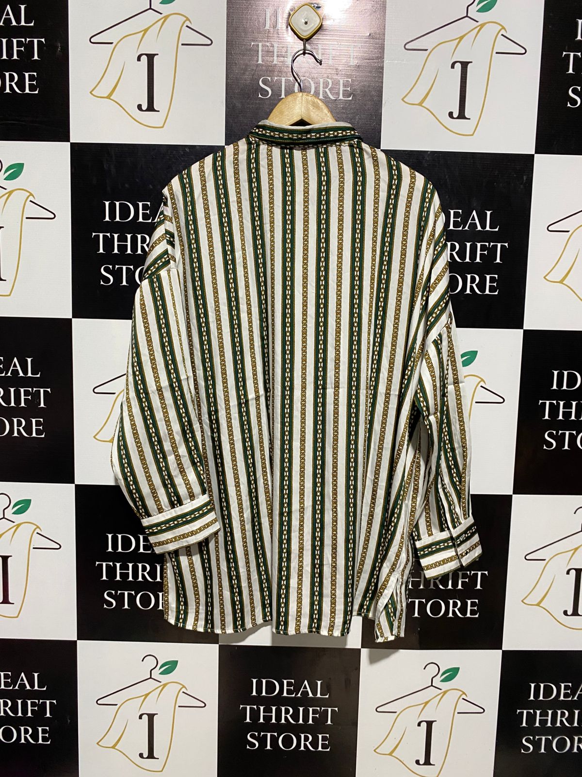 MAX |XL| BUST 27| B3| GREEN AND GOLD VERTICAL CHAIN LINK PRINT BUTTON-DOWN SHIRT
