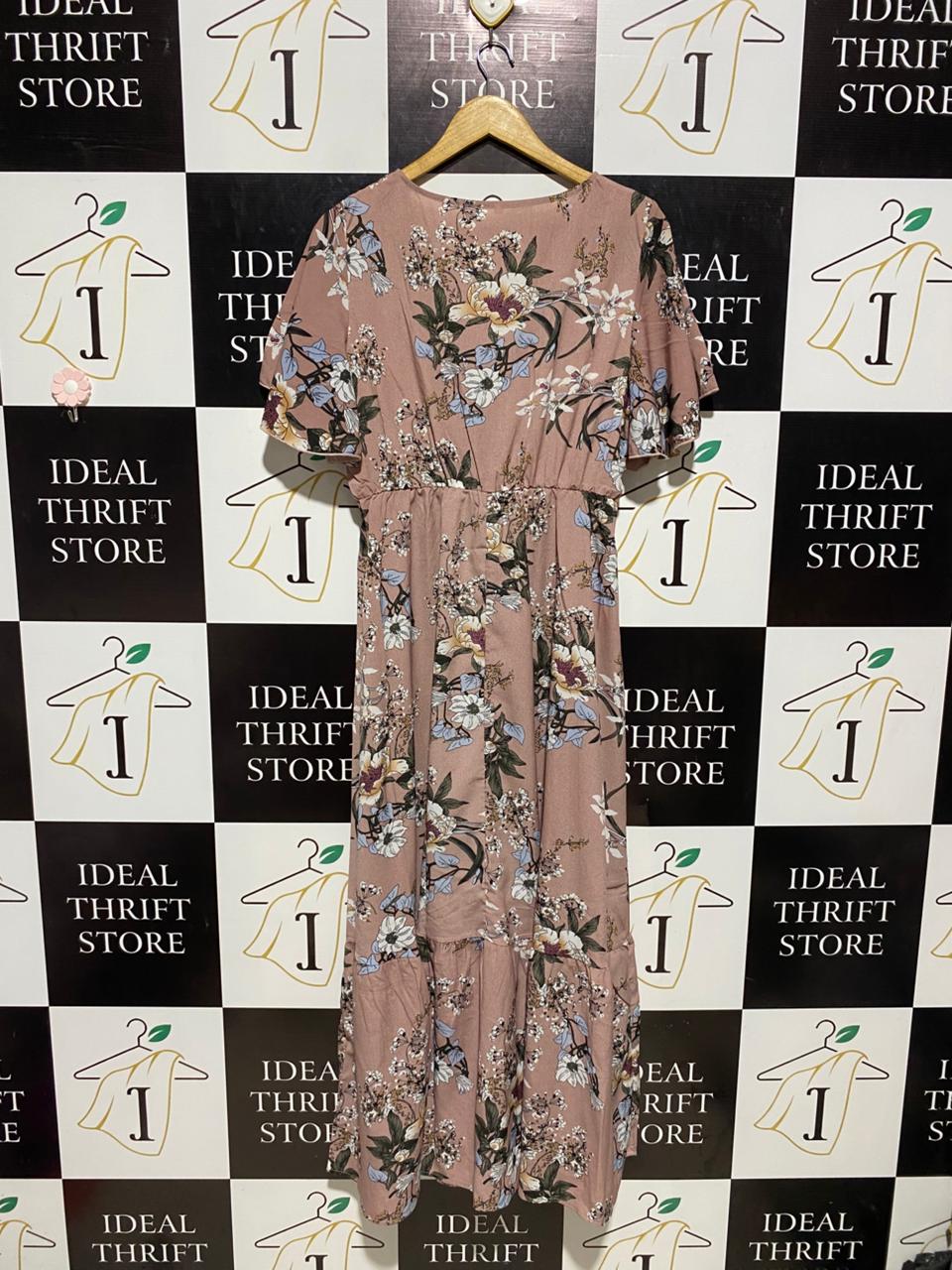 DUSTY ROSE FLORAL V-NECK MAXI DRESS WITH FLUTTER SLEEVES |L| BUST 19| B3|