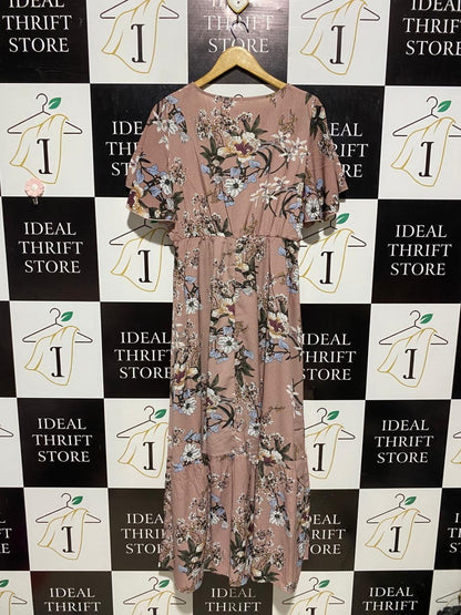 DUSTY ROSE FLORAL V-NECK MAXI DRESS WITH FLUTTER SLEEVES |L| BUST 19| B3|