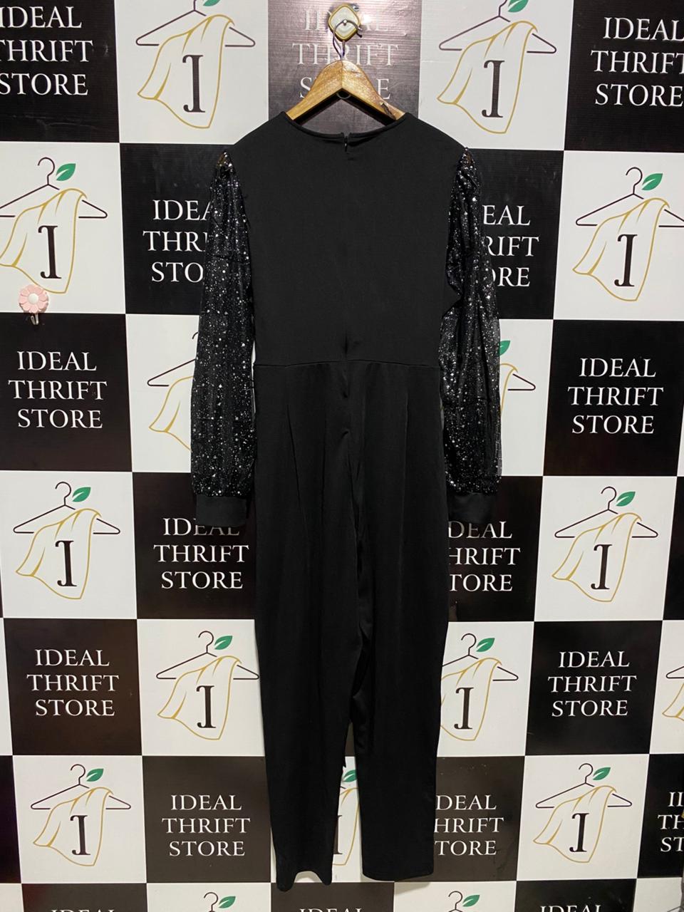 GLAMOROUS BLACK SEQUIN LONG SLEEVE JUMPSUIT WITH WAIST TIE |L| BUST 18| B3|
